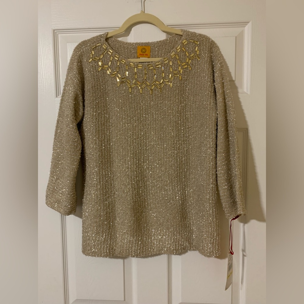 NWT‎ Ruby Rd. Sparkling Gold Sweater with Jeweled Neckline Accents Size Medium